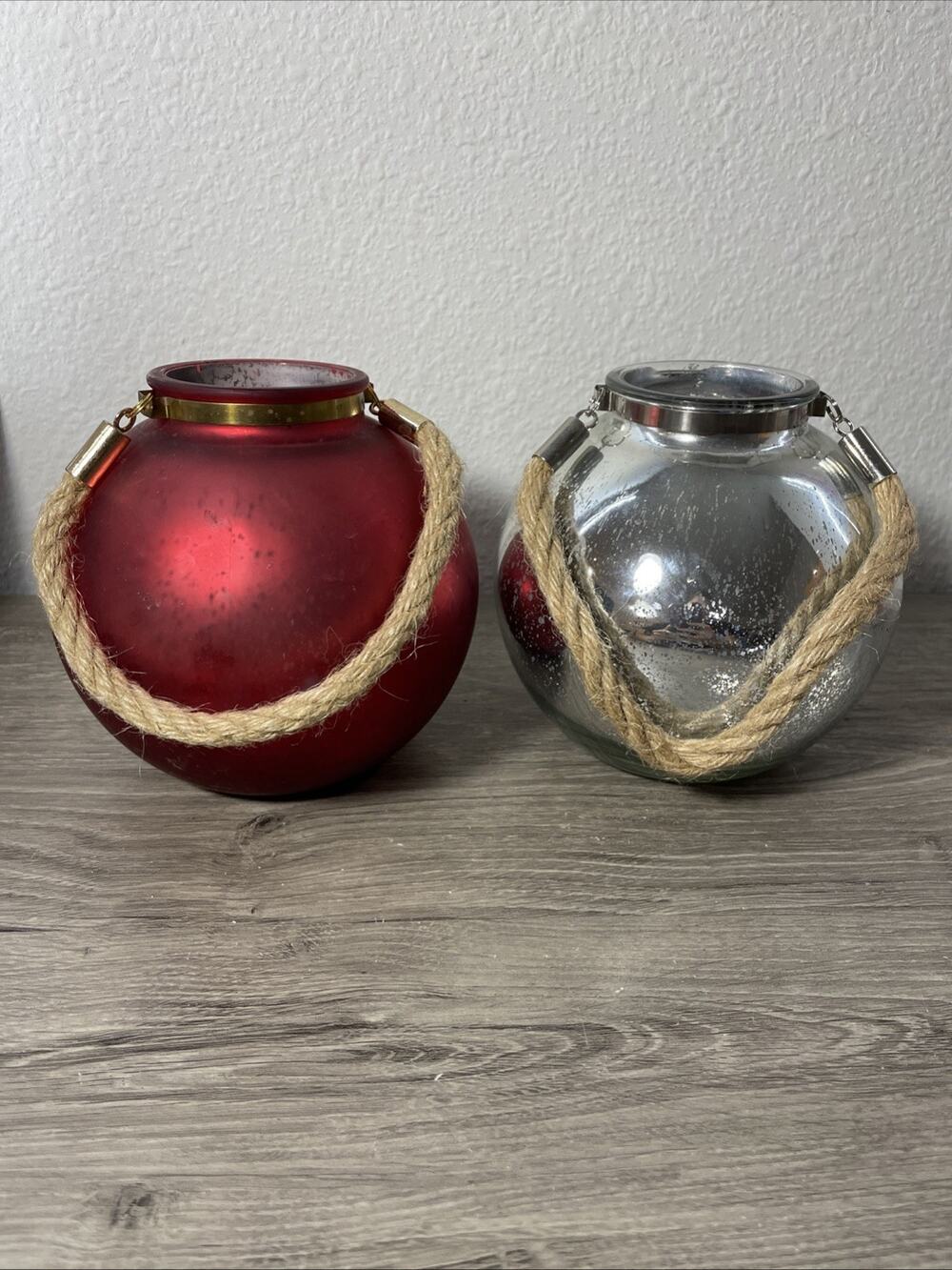 Mercury Glass Christmas Lanterns Lot of 2 - Red & Silver Candle Rope Handle